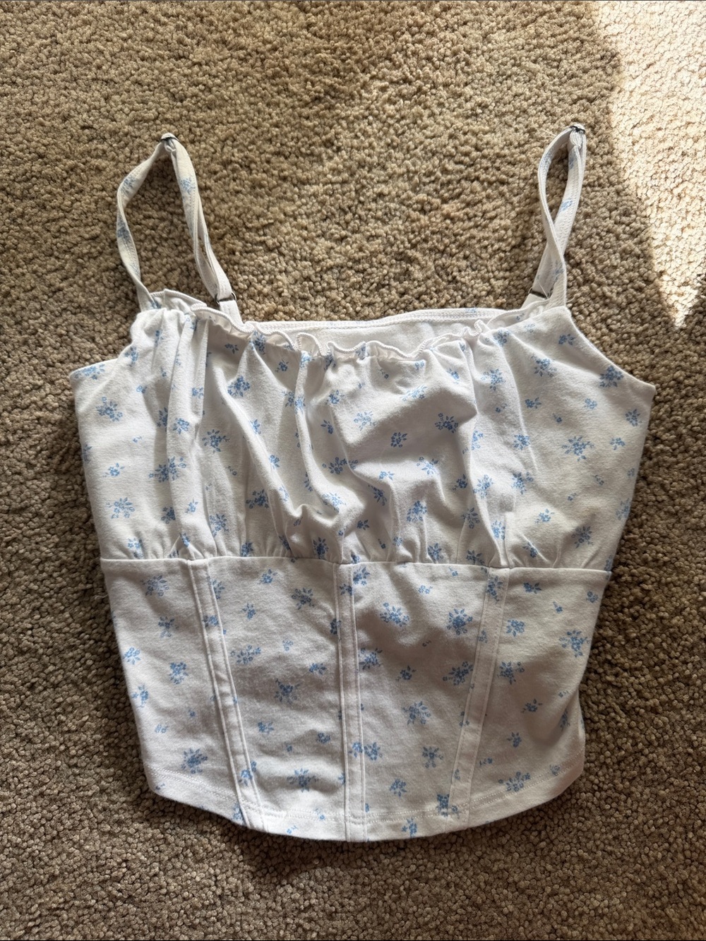Hollister White Corset-Style Floral Cami with Blue Print